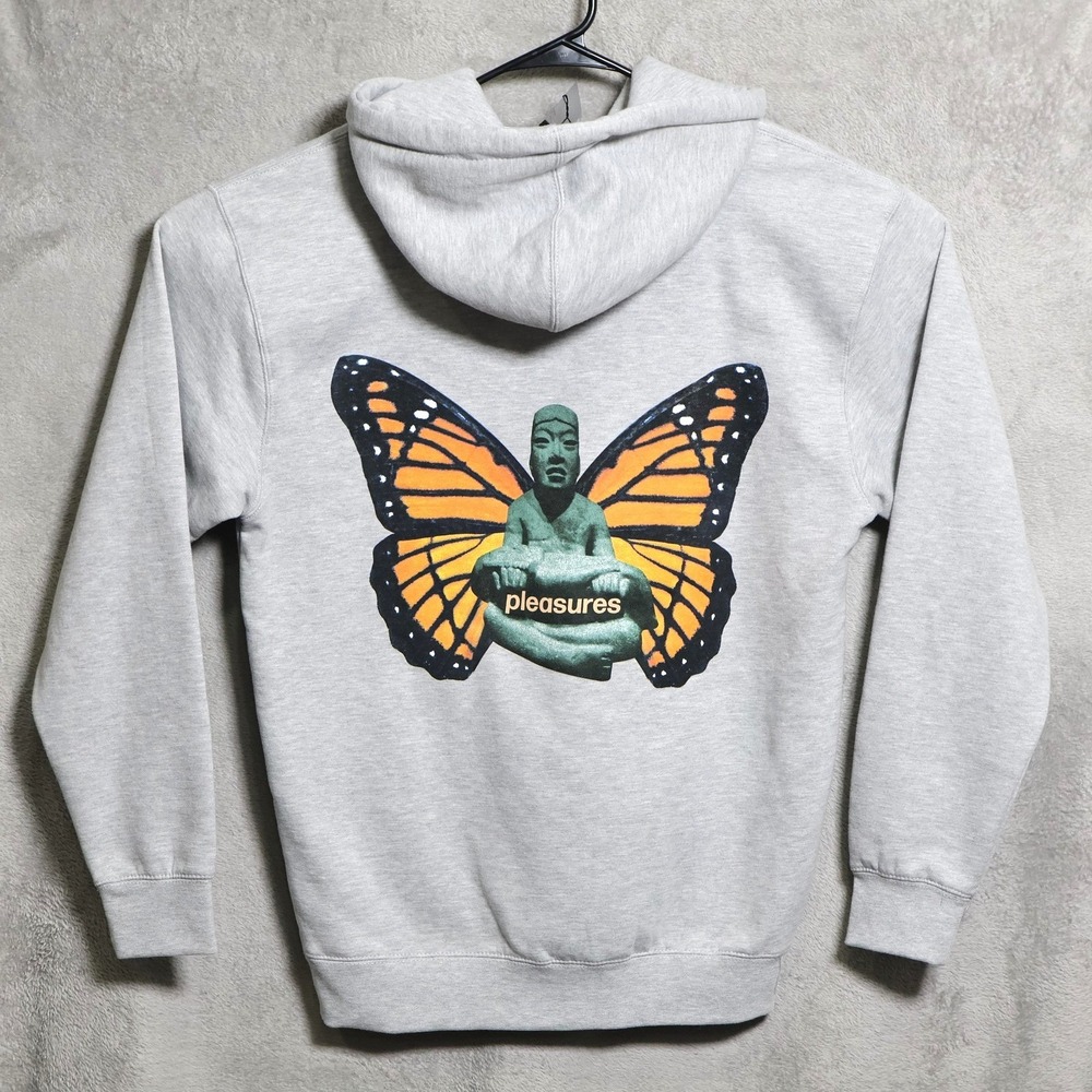 PLEASURES Hoodie Mens Medium Grey Monarch Butterfly Graphic Streetwear P21SP038